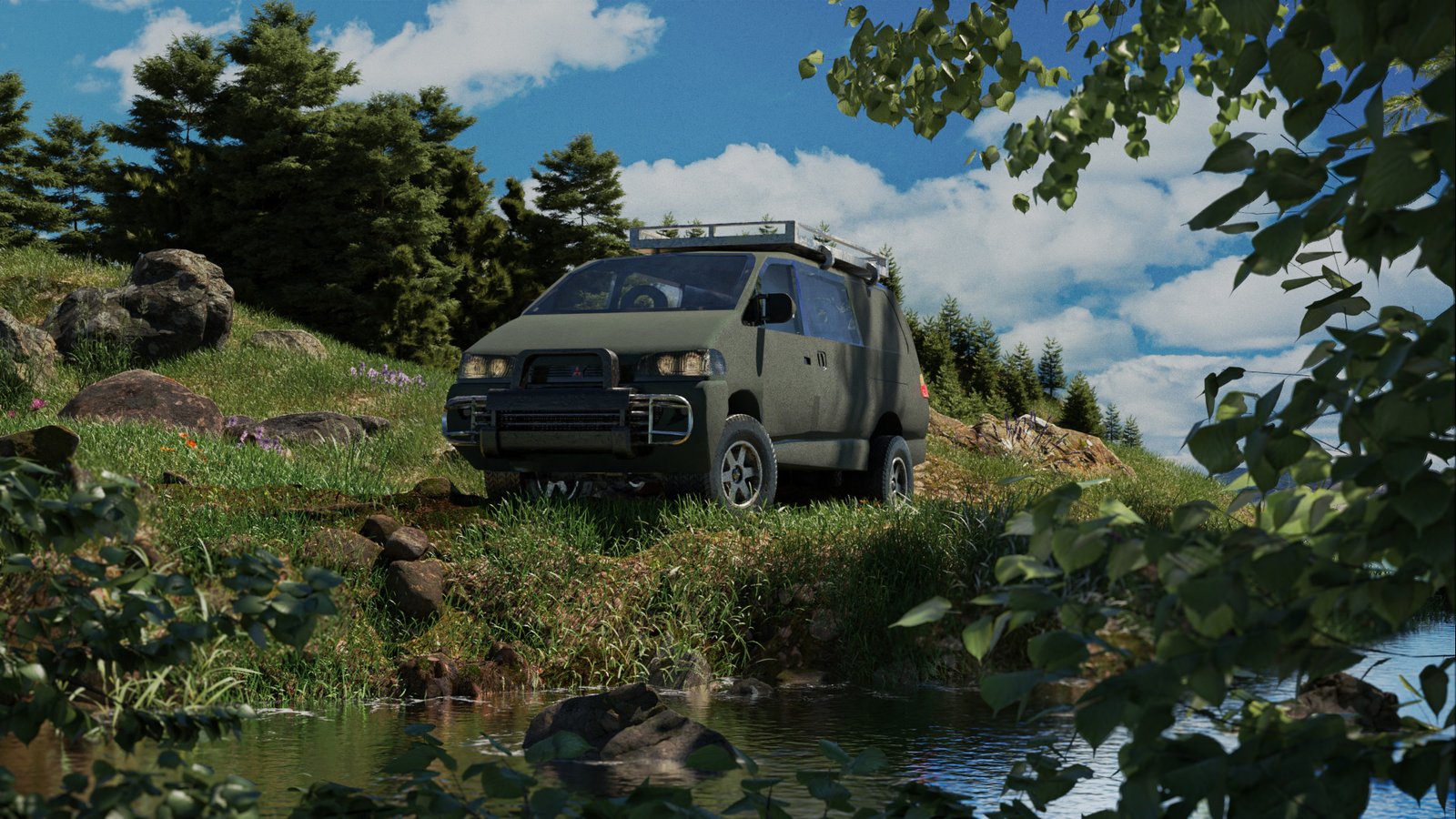 the final render of Mitsubishi Delica v6 Overland model 1994 modeled and rendered in Blender 3D