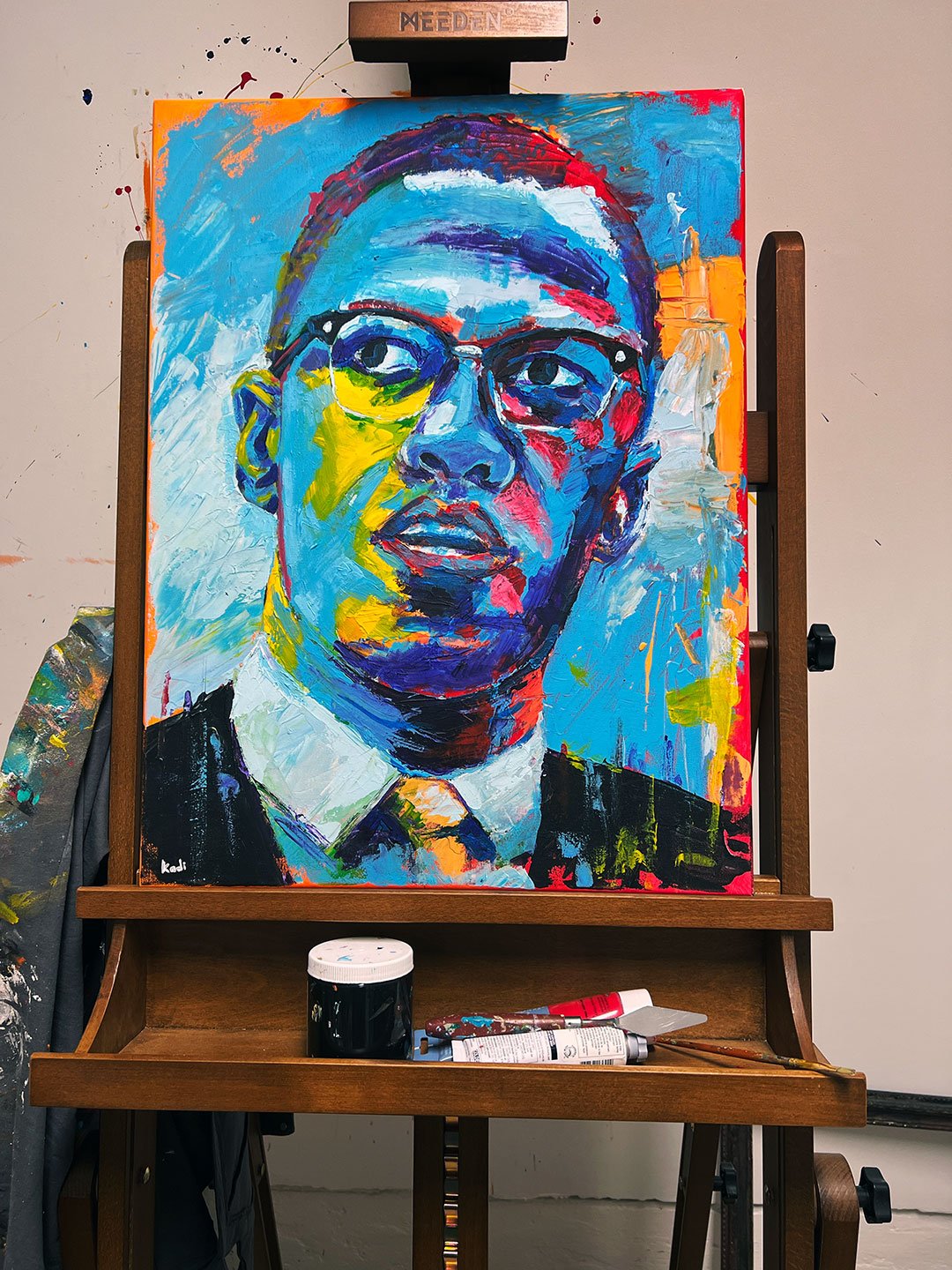 Vibrant Vision of Malcolm X – Original Acrylic on canvas by artist in DC Ahmad Al Kadi