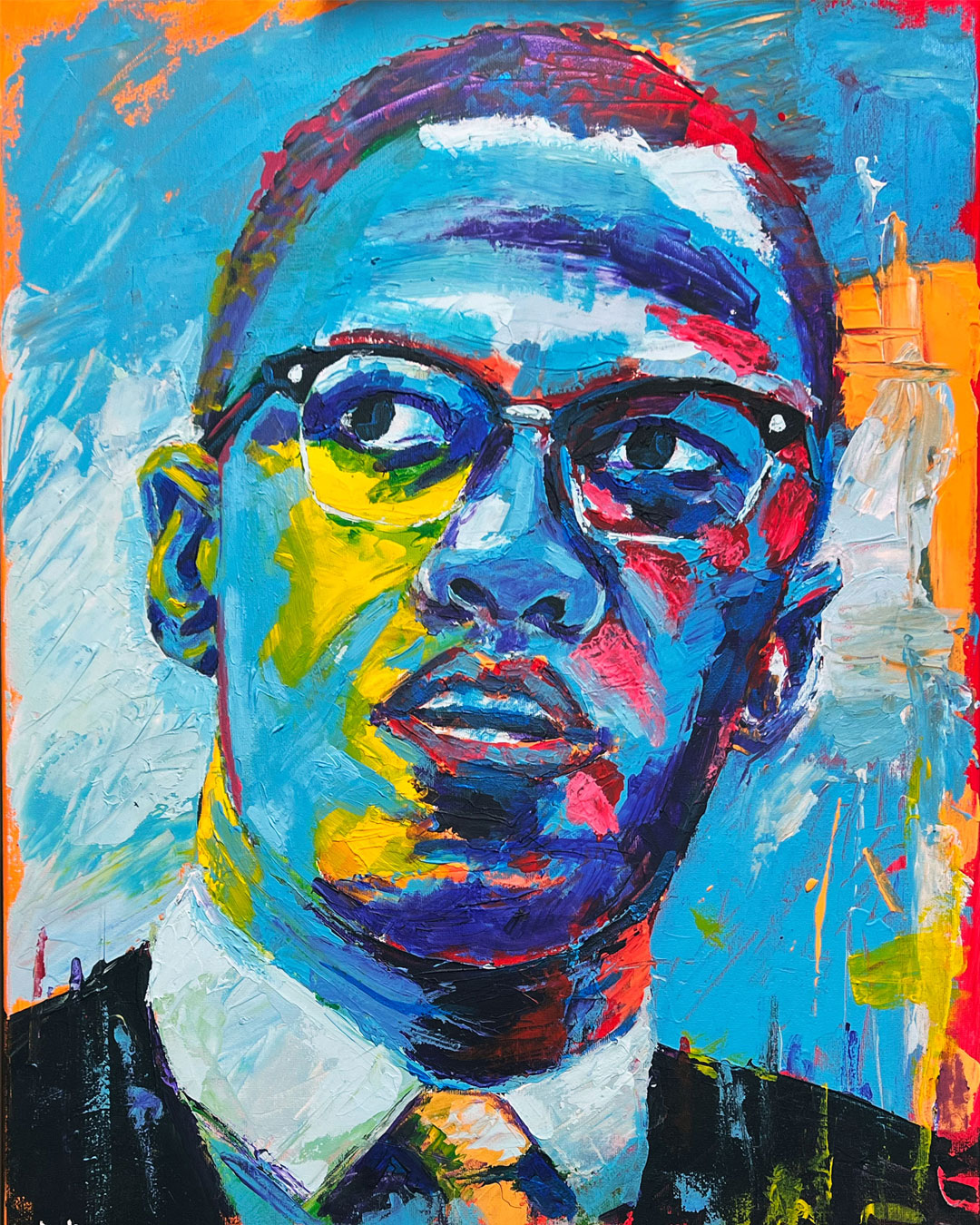 Vibrant Vision of Malcolm X – Original Acrylic on canvas by artist in DC Ahmad Al Kadi