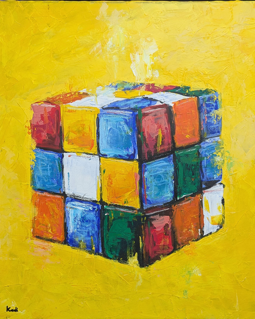 Rubik's Cube artwork. Set against a radiant yellow background by Artist in DC Ahmad Al Kadi