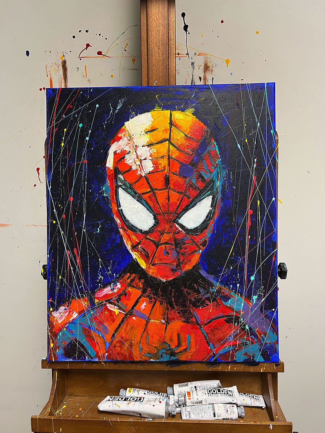 Vibrant Spider-Verse: Abstract Acrylic Spider-Man Portrait by artist in USA Ahmad Al Kadi