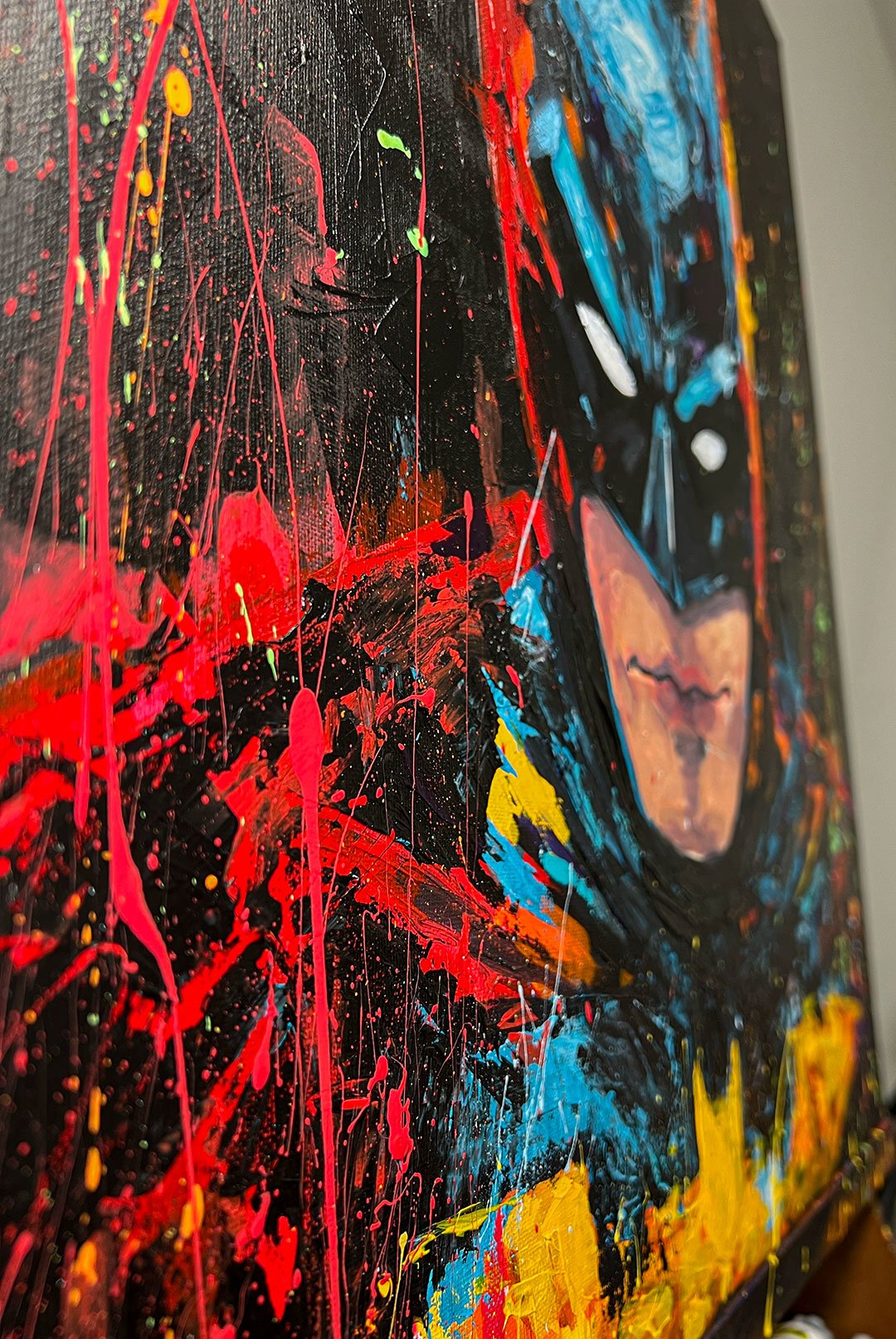 Vivid Batman Original Acrylic Art – Bold Superhero Painting with Joker-Inspired Accents by Artist in USA Ahmad Al Kadi Ahmed Qadi