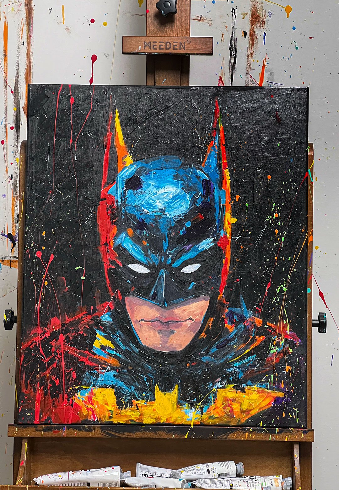 Vivid Batman Original Acrylic Art – Bold Superhero Painting with Joker-Inspired Accents by Artist in USA Ahmad Al Kadi Ahmed Qadi 