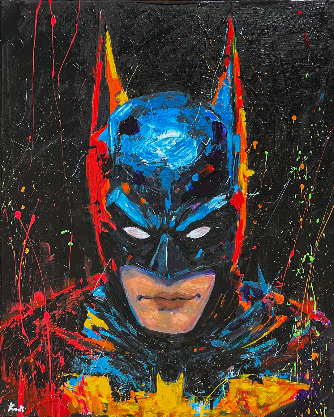 Vivid Batman Original Acrylic Art – Bold Superhero Painting with Joker-Inspired Accents by Artist in USA Ahmad Al Kadi Ahmed Qadi