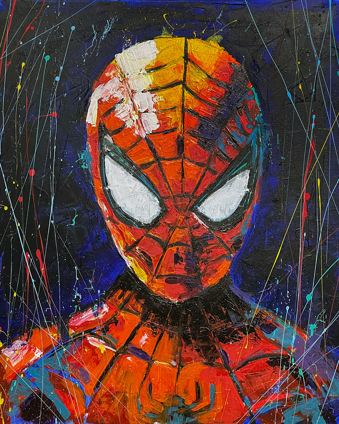 Vibrant Spider-Verse: Abstract Acrylic Spider-Man Portrait by artist in USA Ahmad Al Kadi