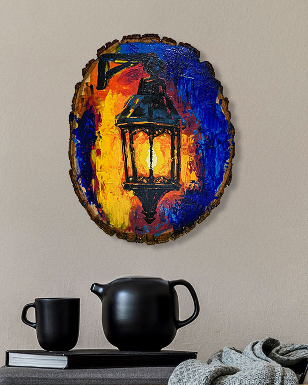 Lantern of Divine Light acrylic painting on a bark wood branch slice by Artist in DV Ahmad Al Kadi